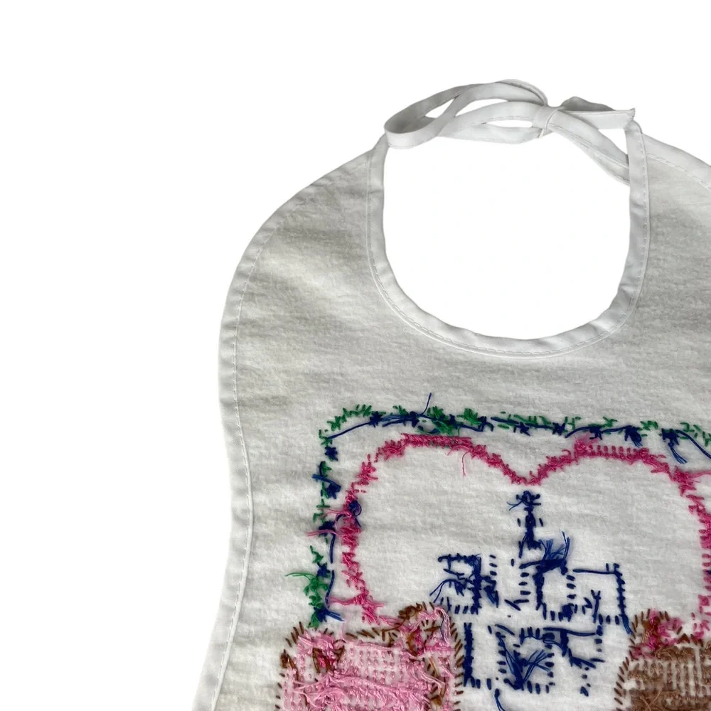 Vintage Handmade Cross Stitch Baby Bib Kitten Bunny Bear I Love You Tie-up Heart